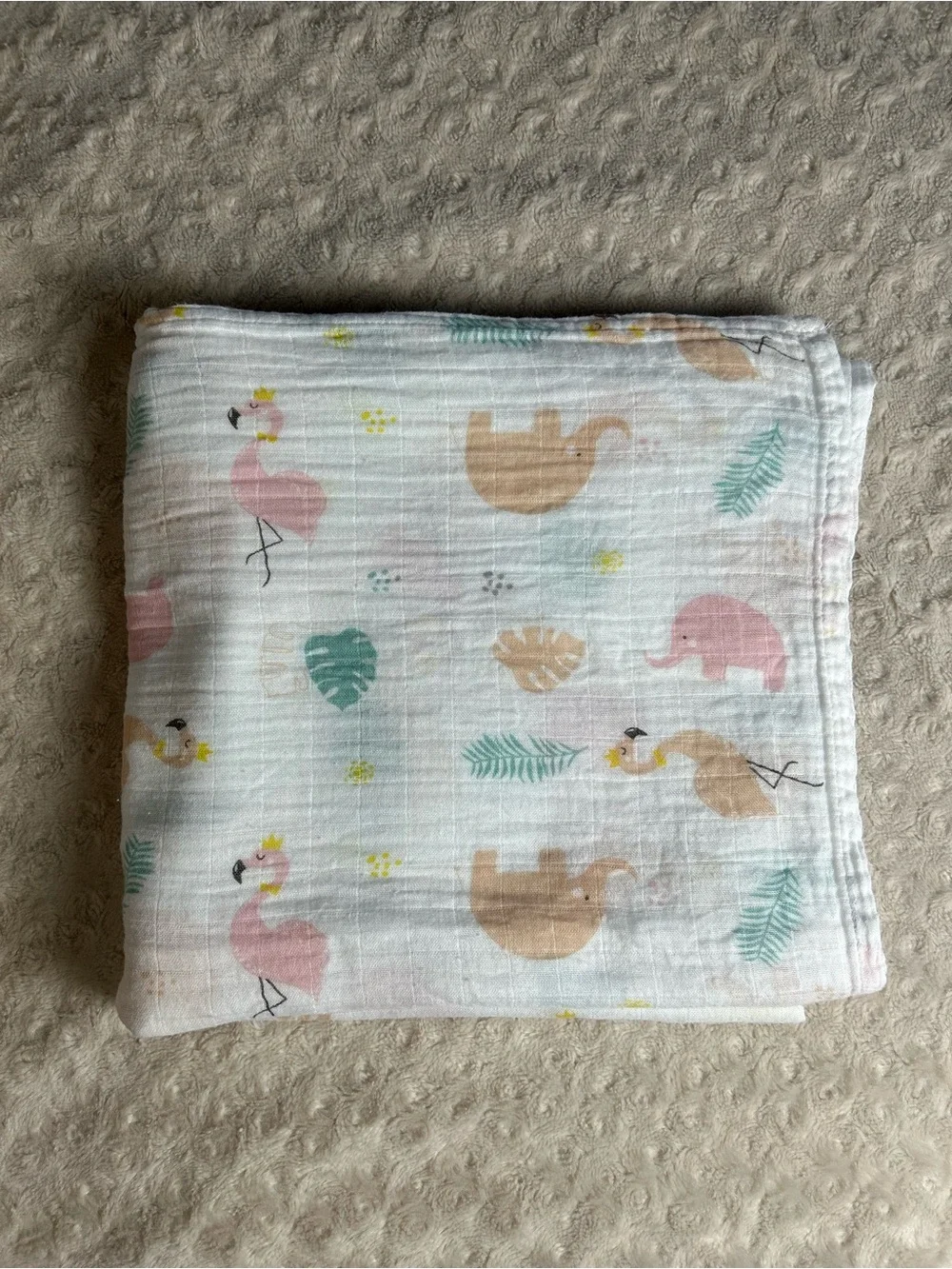 Flamingo Elephant Baby Girl Swaddle Blanket Bamboo Cotton Blend Pink White Green